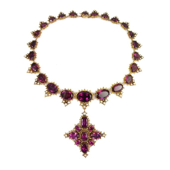 19th century foiled amethyst and pearl cluster necklace and cross brooch-pendant | MasterArt